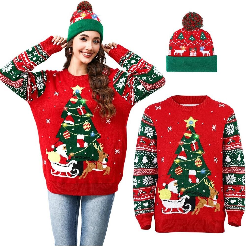 Light Up Christmas Sweater And Knitted Hat Set Women Led Festive Holiday